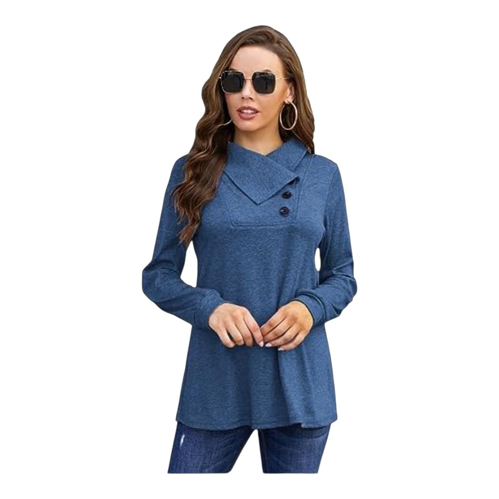 Bluetime Button Collar Tunic Long Sleeve Pullover Fall Cozy Chic Blue Women's XL